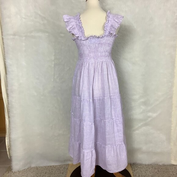 Hill House Lilac Purple & White Stripe Ellie Linen Smocked The Nap Dress - Picture 4 of 7